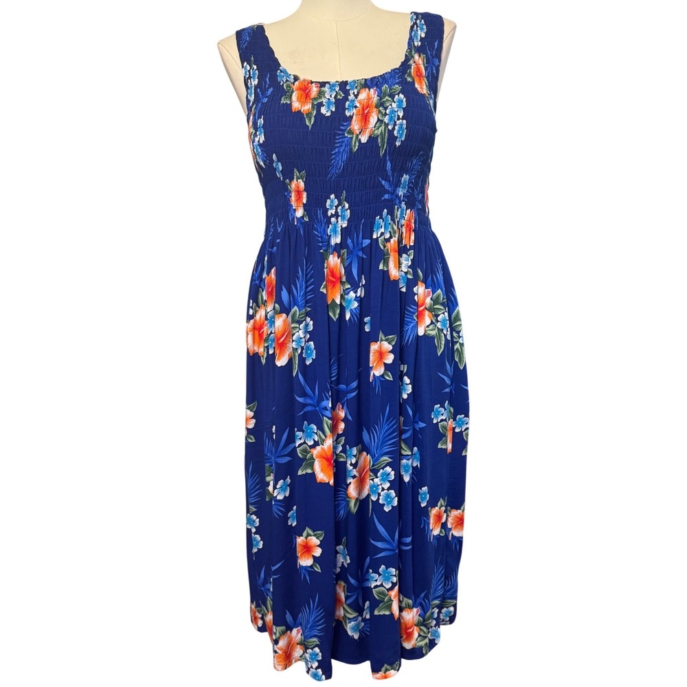 Aloha Hut Hawaii Blue Tropical Floral Smocked Midi Dress Womens Plus Size Rayon